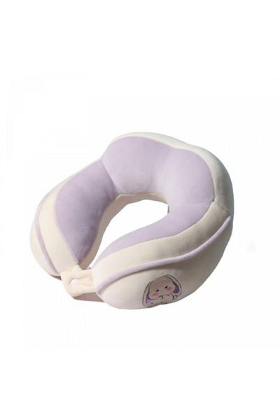FEN Travel Pillow, For Neck and Head, Cotton Filling, 28x28x10 cm, Embroidered Rabbit Design, Lilac