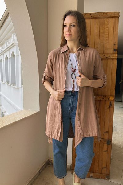 AGORATEKSTİL Women's Complete Buttoned Linen Cotton Shirt Oversize