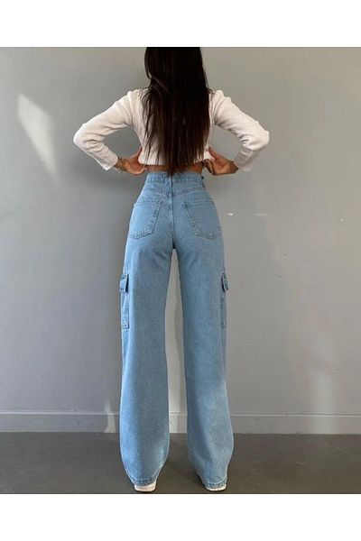Shield Life Ara Blue Cargo Pocket High Waist 6 Pockets Young Oversize Wide Leg Multi-Pocket Women's Trousers