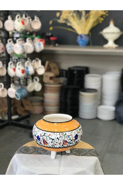RGS HOMELİFE Handmade Ottoman Motif Ceramic Flower Pot – Decorative Flower Pot with Orange Banded Feet