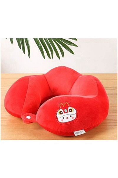 FEN Travel Pillow for Neck and Head, Cotton Filling, 28x28x10 cm, Embroidered Rabbit Design, Red