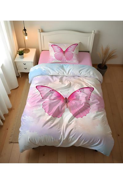 Evmila Double Sided Butterfly Patterned - Printed Single Duvet Cover Set