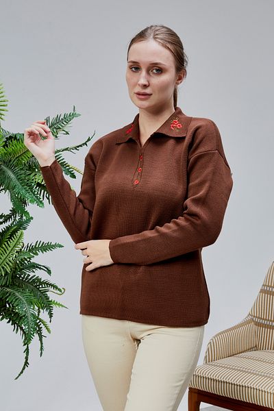 LUGMO Women's Polo Neck Oversize Floral Embroidered Sweater Brown