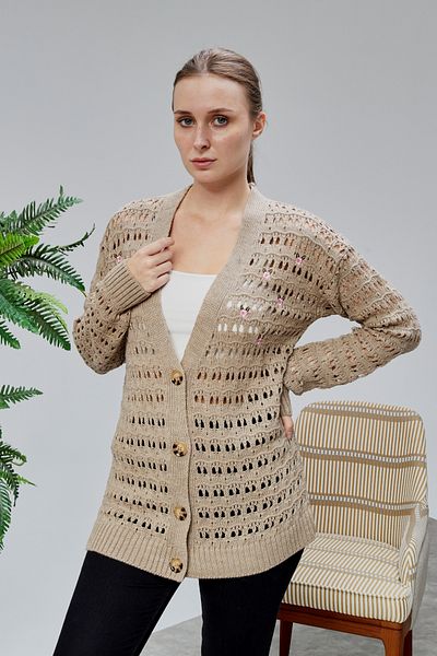 LUGMO Women's Knitwear Cardigan Flower Embroidered Perforated Standard Size Mink