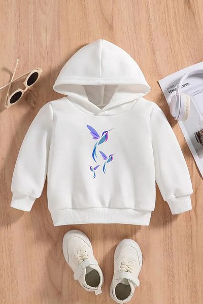 VBSVİBES Children's White Hooded Sweatshirt – Colorful Kus Printed, Thick Fabric with Hood