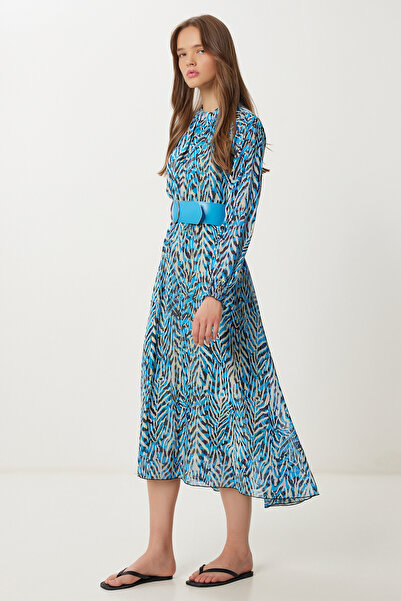 Lovelyİstanbul Šifonové šaty s páskem a vzorem LFG0070 BLUE BONE
