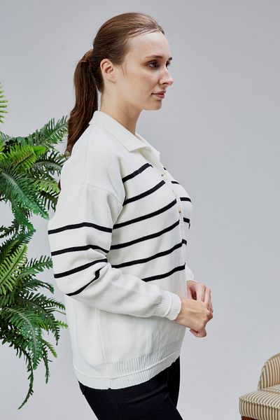 LUGMO Women's Polo Neck Oversize Striped 4 Button Knitwear Sweater Ecru