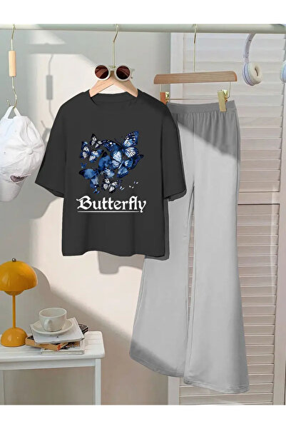 NoVibe Tricou cu imprimeu fluturi albastri pentru copii Set pantaloni de spor...