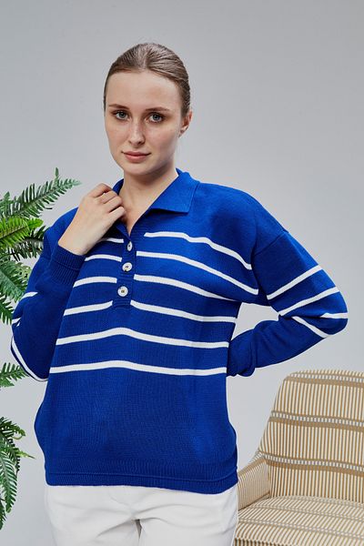 LUGMO Women's Polo Neck Oversize Striped 4 Button Knitwear Sweater Saks Blue