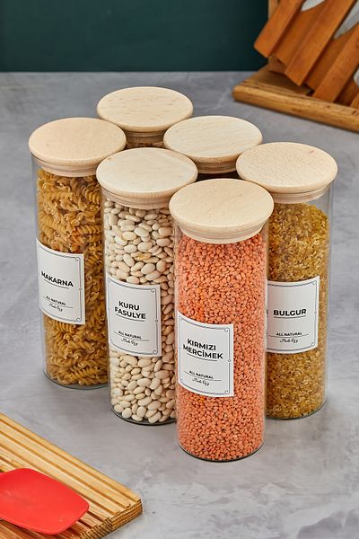 MODA OZY Set of 6 Glass Jars Vacuum Pulses Jar with Wooden Lid 1000 ml (Label Included)