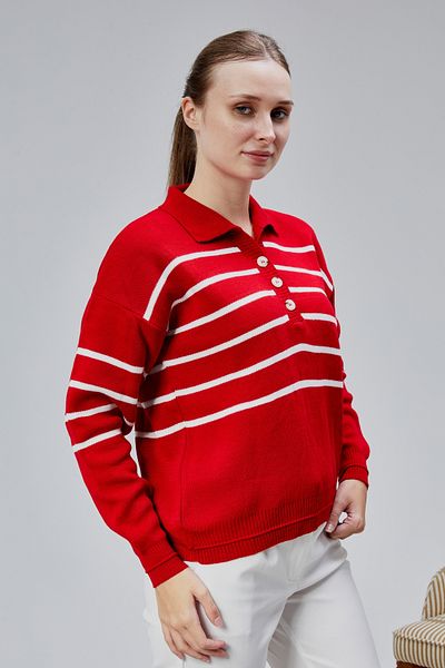 LUGMO Women's Polo Neck Oversize Striped 4 Button Knitwear Sweater Red