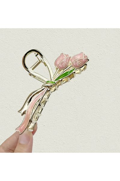 Phellos Double Tulip Model Salmon Color Metal Hair Accessory / Women's Buckle