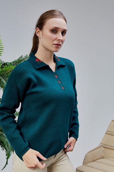 LUGMO Women's Polo Neck Oversize Floral Embroidered Knitwear Sweater Petrol Green