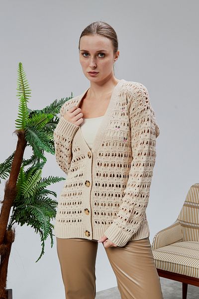 LUGMO Women's Knitwear Cardigan Flower Embroidered Perforated Standard Size Skin Color