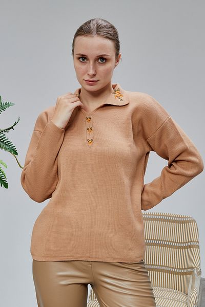 LUGMO Women's Polo Neck Oversize Floral Embroidered Knitwear Sweater Mink