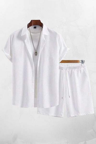 Ferhatlı Men's Crinkle Fabric Wrinkle Suit Summer Buttoned Short Sleeve Shirt and Shorts Suit with Pockets