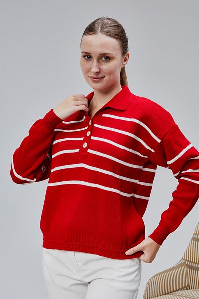 LUGMO Women's Polo Neck Oversize Striped 4 Button Knitwear Sweater Red