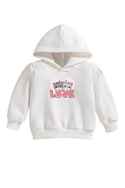 VBSVİBES Children's White Hooded Sweatshirt – 2Li Cat Love Printed, Thick Fabric with Hood