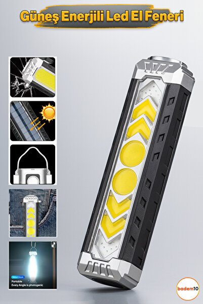 Badem10 El Feneri Güneş Enerjli Ledli 15W Şarjlı Mıknatıslı Askılı Kamp Takti...