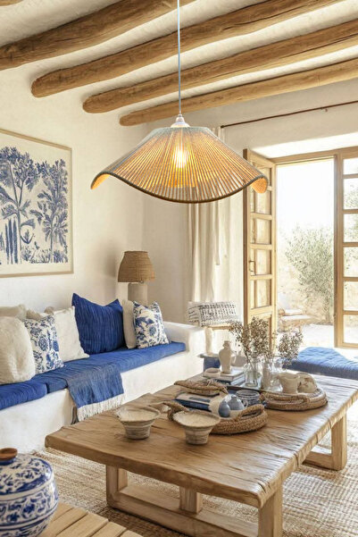 365GUNSERİSONU Krem El İşi Örme Büyük Geniş Avize Bal Rengi Ampül Başlığı Dalga Model Tek Sarkıtlı Avize 45x45x20cm