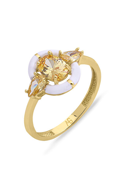 Aslı Gold Beyaz Mineli Citrine Taşlı Altın Yüzük (YZK0739)