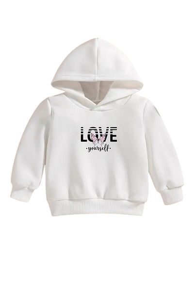 VBSVİBES Children's White Hooded Sweatshirt – Love Yourself Printed, Thick Fabric with Hood