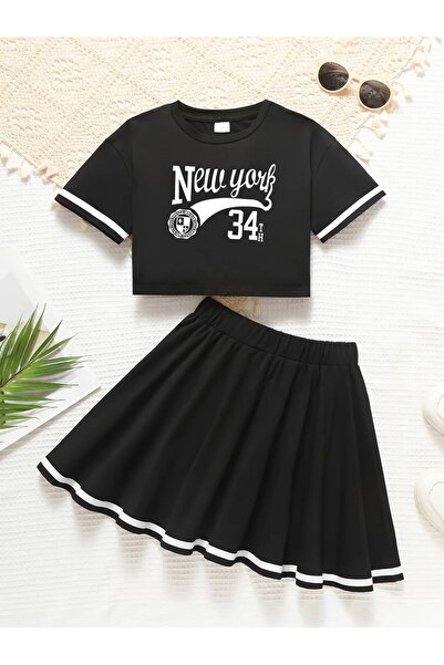 NoVibe Set de fuste pentru fete New York cu imprimeu Crop tricou