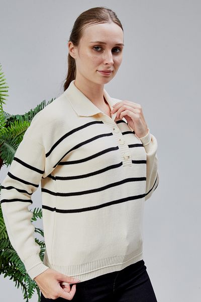 LUGMO Women's Polo Neck Oversize Striped 4 Button Knitwear Sweater Skin Color