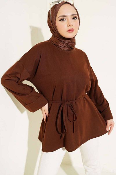 BYKUZEYARAS Belted Oversize Relaxed Fit Two Thread Tunic Sweat