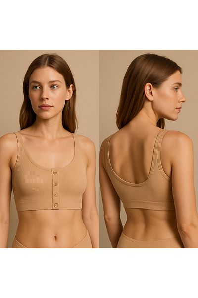 Lio20 Women's Ribbed Padded Half Tank Bustier Bra - Cotton Cotton Fabric - Size 90-95 Compatible-Skin Color