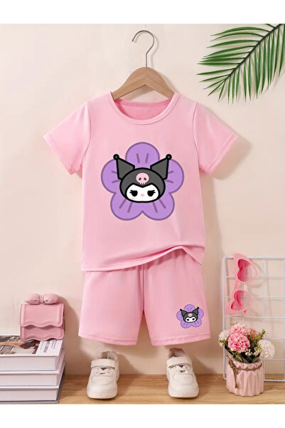 NoVibe Set pentru copii, tricou cu imprimeu floral Kuromi, pantaloni scurți, ...