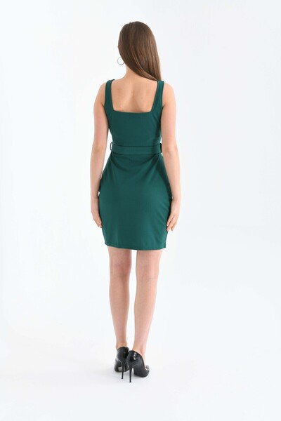 MOVİMENT Γυναικείο φόρεμα από ύφασμα κρεπ με πράσινο τετράγωνο λαιμόκοψη και ...