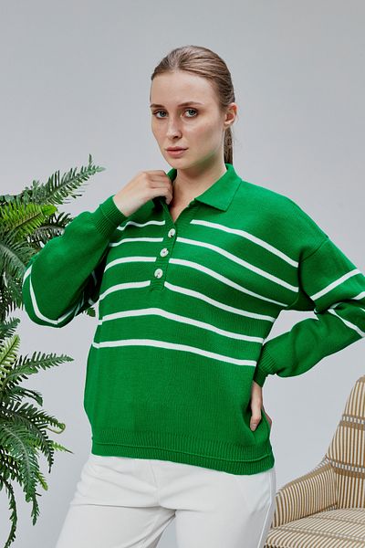 LUGMO Women's Polo Neck Oversize Striped 4 Button Knitwear Sweater Green