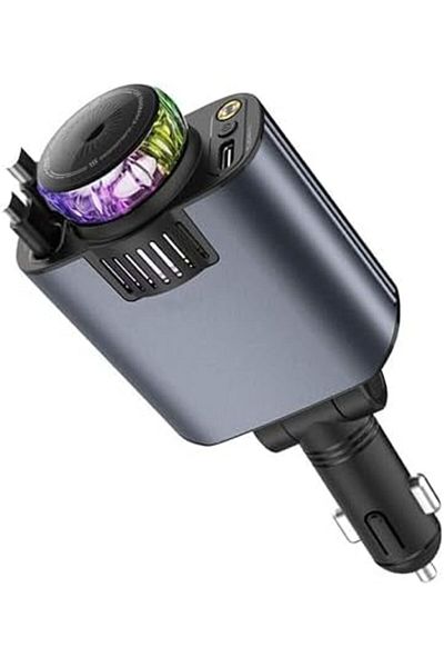 SUKILO 5-in-1 Car Charger with Air Freshener, Star LED Light, Retractable USB-C and iOS cables, 45W