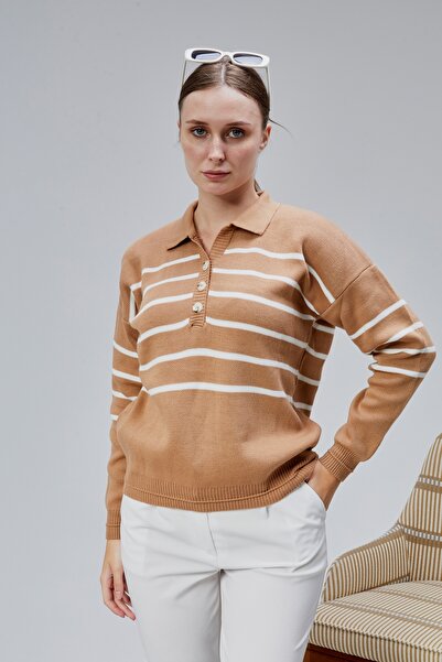 LUGMO Pulover de damă cu guler polo oversize cu dungi cu 4 nasturi din tricot Mink