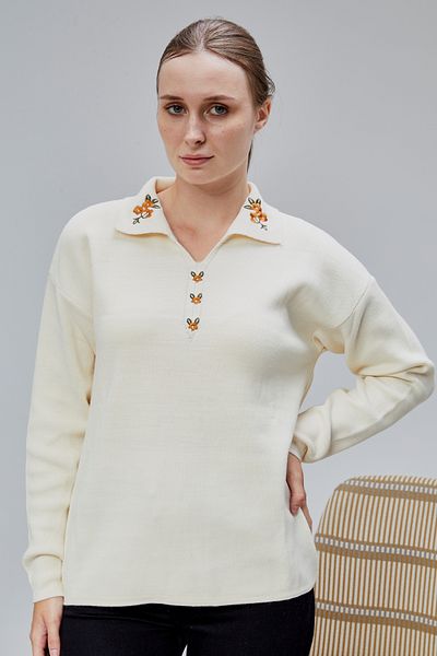 LUGMO Women's Polo Neck Oversize Floral Embroidered Sweater Ecru
