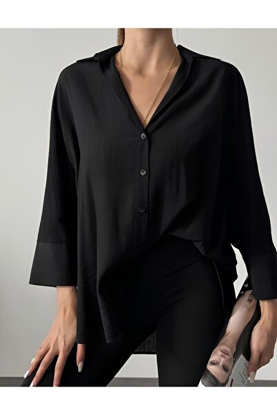 Quzu Oversize Kadın Gömlek 11693 Siyah