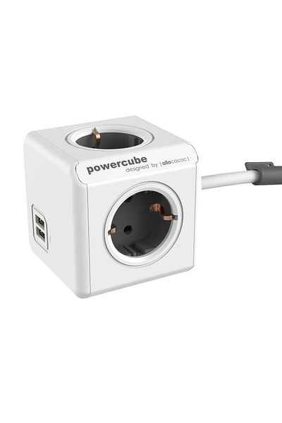 Allocacoc Prelungitor cubic, Powercube de la Allocacoc, 2xUSB, 4 prize, 3m, alb/gri