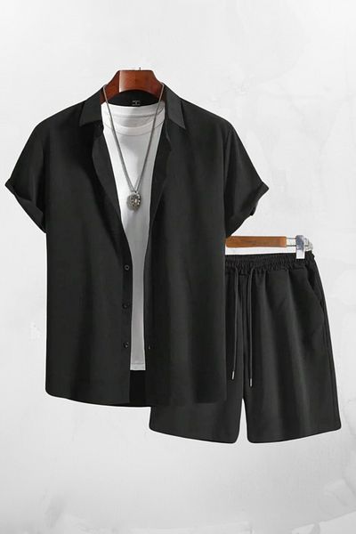 Ferhatlı Men's Crinkle Fabric Wrinkle Suit Summer Buttoned Short Sleeve Shirt and Shorts Suit with Pockets
