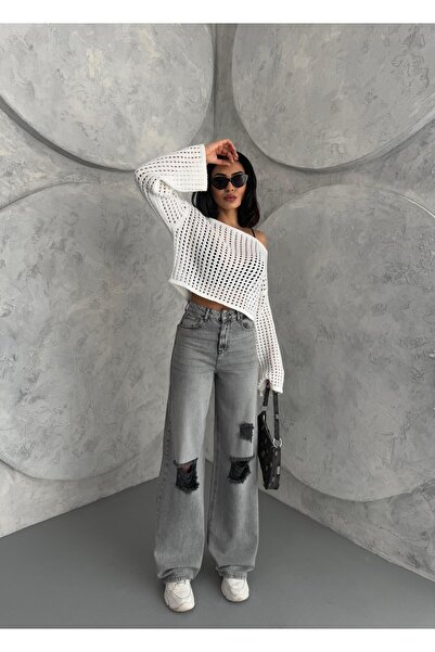 Zeo Basic KADIN BAGGY FİT LAZERLİ YÜKSEK BEL GENİŞ PAÇA KOT PANTOLON GRİ