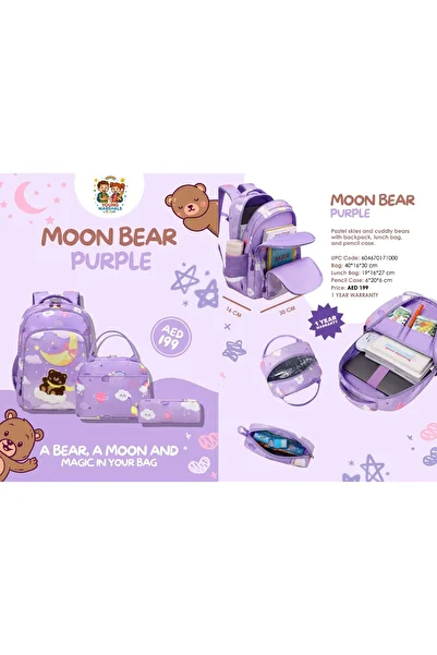 esabela 3-Piece Backpack Set for Kids, Light Weight Water-Proof School Bag, School Bag Purple Bear