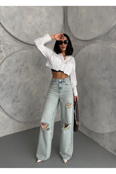 Zeo Basic Women's Baggy Fit Laser High Waist Wide Leg Jeans Light Blue Tint
