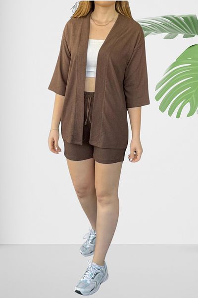 Ferhatlı Women's Kimono Set Wrinkle Fabric Summer Lycra Elastic Waist Shorts and Kimono Set