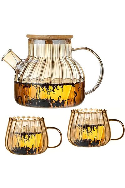 Quasar & Co. Set ceainic cu 2 cani, cu filtru si capac, 950 ml/2x400 ml, sticla borosilicate/bambus, amber