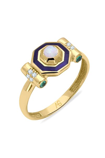 Aslı Gold Sarı Altın Mineli Opal Taşlı Tasarım Yüzük (YZK0855)
