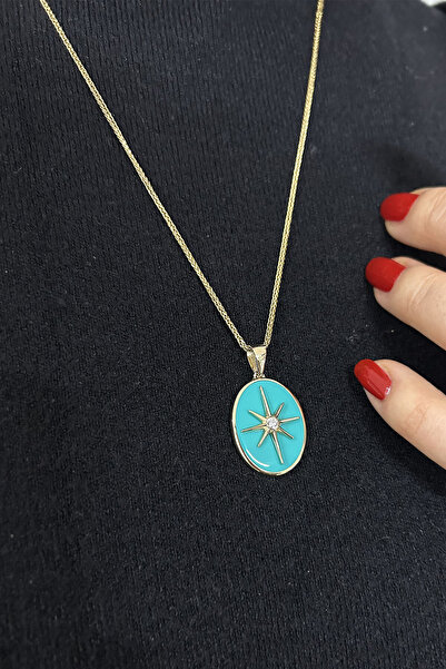 Aslı Gold Turkuaz Mineli Oval Kuzey Yıldızı Madalyon Kolye (KLY1278)