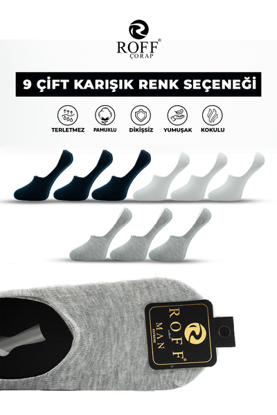 ROFF ÇORAP Roff Cotton Men's Ballerina Socks Seamless Invisible Anti-Slip Silicone Pack of 9