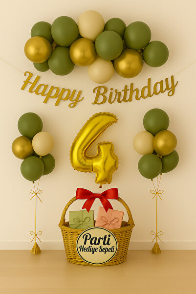 parti hediye sepeti 1 Yaş Doğum Günü Balon Seti | Gold Küf Yeşili Konsept