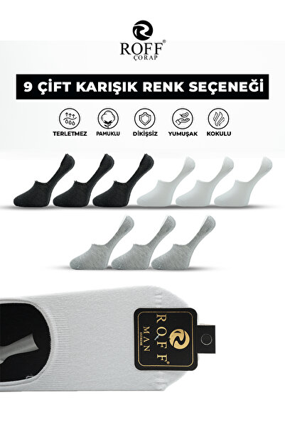 ROFF ÇORAP Roff Cotton Men's Ballerina Socks Seamless Invisible Anti-Slip Silicone Pack of 9