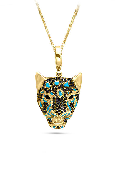 Aslı Gold Mavi Mineli Altın Kaplan Başı Tasarım Unisex Kolye (KLY1123)